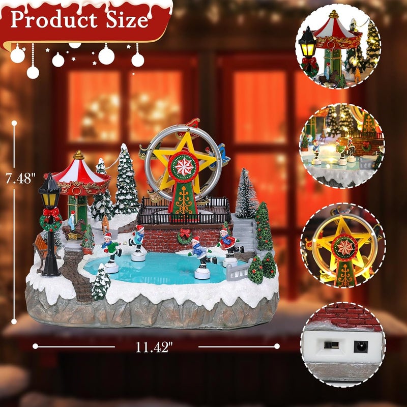 CHONSUN Christmas Village House Musical Christmas Collectible Buildings Amusement Park Carousel Skating Ferris Wheel with LED Lights Vacation Village with USB Indoor Figurines Xmas Decoration - Image 3